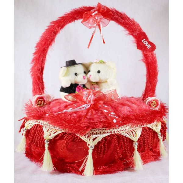 Valentines Red Decorated Heart Cake Plush Cushion with Love Couple Teddy Bears